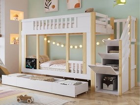 Łóżka piętrowe dziecięce 90x200 cm - z 3 szufladami - z małą tablicą - drabina z miejscem do przechowywania - Biały + Naturalny (bez materaca)