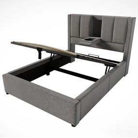 Łóżko tapicerowane z pojemnikiem na pościel - 90 x 200 cm - z ukrytym uchwytem na kubek i stacją ładującą - len - szare (z materacem)