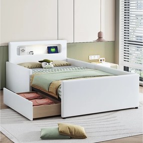 Łóżko tapicerowane 90 x 200 cm z 1 szufladą, lampką nocną i portem USB - Skóra ekologiczna - Białe (bez materaca)