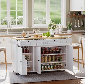 Biała wyspa kuchenna - Wózek kuchenny z 2 szufladami i 3 drzwiami - Półka na przyprawy i ręczniki