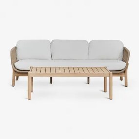 Zestaw Ogrodowy Z 3-osobową Sofą I Prostokątnym Stolikiem Kawowym 120x60 Cm Z Drewna Akacjowego I Plecionej Liny Karvia Jasny - Sklum