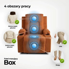 Fotel Masujący BOX Rozkładany Wypoczynkowy z Podnóżkiem Rudy Sztruksowy Japandi