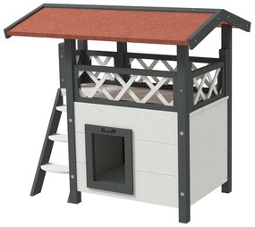 PawHut Domek dla kotów, Chatka dla zwierząt, Dach asfaltowy, 2 Poziomy, 1 Schodek, Biało-Czerwony