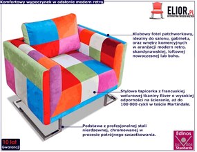 Klubowy fotel patchwork z chromowaną podstawą - Torno