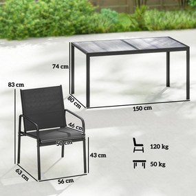 Outsunny Zestaw mebli ogrodowych komplet wypoczynkowy 150 x 80 cm stół z 6 oddychającymi krzesłami wygląd drewna stalowy stelaż Czarny | Aosom PL