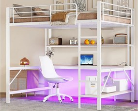 Łóżko mezzanine 140x200 cm - z barierkami - z drabiną - z USB i gniazdkami - z oświetleniem LED - z biurkiem + półkami wielopoziomowymi - białe (bez materaca)