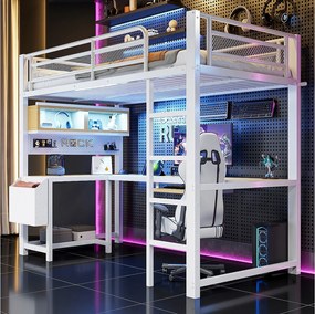 Łóżko piętrowe 90 x 200 cm z biurkiem narożnym, schowkiem, oświetleniem LED, gniazdkami i portami USB - MDF i metal - białe (materac nie jest wliczony w cenę)