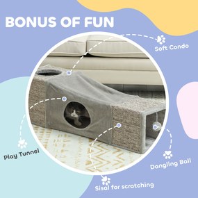 Tunel PawHut dla Kotów, 2 Kocie Jaskinie, Miejsca do Drapania i Zabawka w kształcie Kuli, 98 cm x 30 cm x 30 cm, Brązowy + Szary