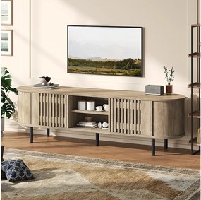 Ażurowa szafka RTV z drewna - 160 x 40 x 47 cm - z 2 drzwiami + półka - do telewizorów 65 cali - MDF - naturalna