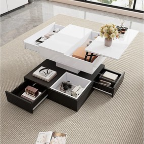 Czarno-biały kwadratowy stolik kawowy - Stolik kawowy z 3 szufladami i podnoszonym blatem - otwarta przestrzeń do przechowywania