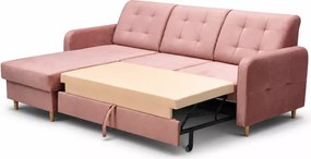 Stylowy tapicerowany narożnik Pink z funkcją spania i pojemnikiem na pościel