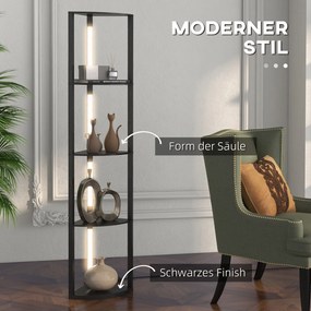 HOMCOM LED Lampa podłogowa, Regał Narożny, regulowana, 4 półki, ciepłe białe światło, 41x30x164cm, Czarna