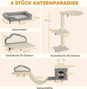PawHut Zestaw drapaka montowanego na ścianie, powierzchnie ze sizalu, 4 części, dla 1-3 kotów, Beżowy