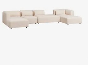 Sofa Modułowy Z Prawym Szezlongiem, 4 Części, Z Otomanką I Pufem Fogler Tkanina Baranek Boucle Kremowy Beż - Sklum