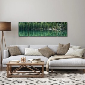 Obraz - drzewa iglaste nad jeziorem (170x50 cm)