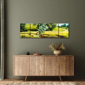 Obraz - rzeka między łąkami, obraz olejny (170x50 cm)