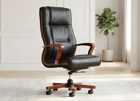 Klasyczny skórzany fotel do biura wygodny ze skóry naturalnej Ambassador. Podłokietniki i rama z drewna, skórzana tapicerka dostępna w kolorach czarnym, brązowym i kremowym. Meble klasyczne gabinetowe.