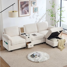 Nowoczesna sofa 3-osobowa - 266 x 136 x 82 cm - z 2 uchwytami na kubki + portem USB-C + szufladą + wyjmowanym pufem do przechowywania - aksamitna - beżowa