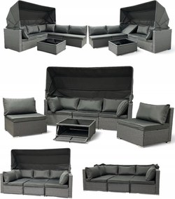 Wielofunkcyjny zestaw mebli ogrodowych - narożnik, leżanka z daszkiem Galicja 101 szary, poduszki szare