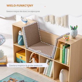 HOMCOM Regał dla Dzieci 2 w 1 + Ławka z Poduszkami 103 cm x 30 cm x 62 cm Biały + Szary