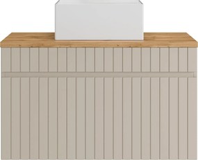 Wisząca szafka łazienkowa prążkowana beżowa z umywalką nablatową kwadratową – 80 cm – SATARA