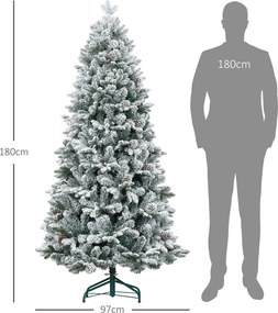 HOMCOM Sztuczna Choinka, z efektem śniegu i szyszkami, realistyczna, odporna na płomień, metalowa podstawa, 180 cm, Zielona | Aosom PL