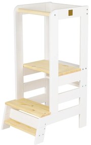 Biało-naturalny pomocnik kuchenny dla dzieci z litego drewna sosnowego Montessori – Meowbaby