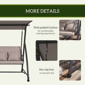 Outsunny 2 w 1 Huśtawka ogrodowa z funkcją leżanki, 3-osobowa huśtawka z stali 170x110x153cm, Jasnobrązowa