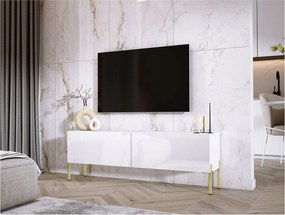 Szafka RTV: Biały Matowy / Biały Błyszczący, złote nogi, 140 x 52 x 32 cm