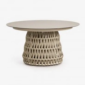 Okrągły Stół Ogrodowy Ø140 Cm Z Ceramiki I Plecionej Liny Tevary Kremowa Tapioca - Sklum