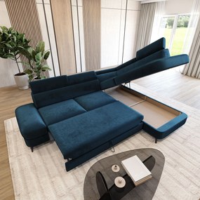 Masseno Narożnik AVISE z funkcją spania i pojemnikiem na pościel Narozniki L, Rozkładana sofa - Niebieski, MONOLITH 77