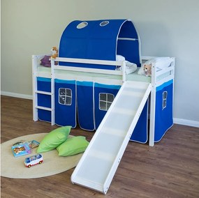 Łóżko piętrowe 90x200 cm niebieskie łóżko dziecięce drabinka zjeżdżalnia tunel lite drewno sosnowe