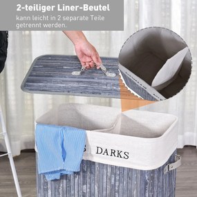 HOMCOM Elegancki Kosz na Pranie z Bambusa z Podziałem na Jasne/Ciemne Ubrania, z Pralnym Workiem, Szary