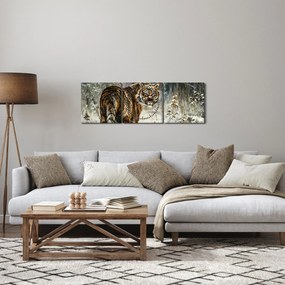 Obraz - Tygrys w zaśnieżonym lesie, obraz olejny (z zegarem) (90x30 cm)