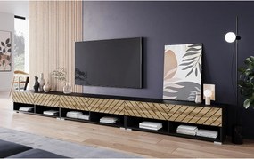 Nowoczesna szafka RTV 300 cm z LED – korpus czarny mat fronty dąb Wotan MDF jodełka stojąca lub wisząca