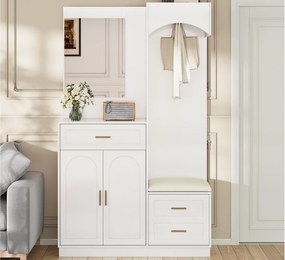 Zestaw na ubrania do przedpokoju 110x33x185,5 cm - 3 drzwi i 1 szuflada - Szafa na buty i ławka butowa - z lustrem - Biały