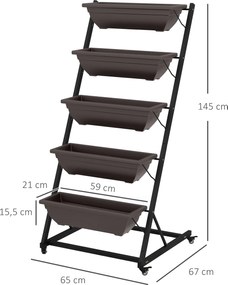 Outsunny 5-poziomowy stojak na rośliny, 145 cm wysoki kwietnik z doniczkami i kółkami, stalowy kwietnik, brązowy | Aosom PL