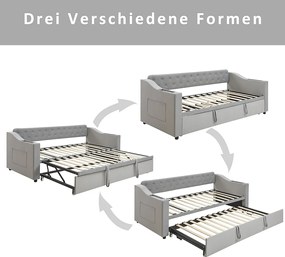 Łóżko wysuwane 90/180 x 190 cm z wezgłowiem - 2 kieszenie i ładowanie USB - Aksamit - Szary