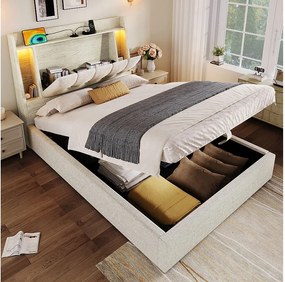 Łóżko z pojemnikiem 90x200 cm - z zagłówkiem, schowkiem, portem USB i USB typu C, oświetleniem LED - beżowy len - materac nie jest wliczony w cenę