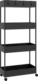 HOMCOM Wózek kuchenny z 4 półkami, 4 elastycznymi hakami, 4 kółkami, 40 cm x 19 cm x 90 cm, Wózek do niewielkich przestrzeni, Czarny