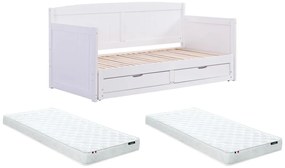Łóżko wysuwane dzienne 90 x 190 lub 180 x 190 cm - Z rozsuwanym stelażem i szufladami - Drewno sosnowe i MDF - Biały + Materac - DINIVA