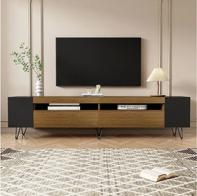 Szafka RTV z 2 drzwiami i bocznymi wnękami - 180 x 36 x 43 cm - diody LED - płyta MDF i wiórowa - czarny + naturalny