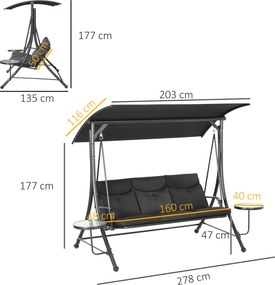 Outsunny Huśtawka Hollywood, Ławka Huśtawkowa, 3-osobowa Huśtawka Ogrodowa z Regulowanym Daszkiem, 278 x 125 x 177 cm, Czarna