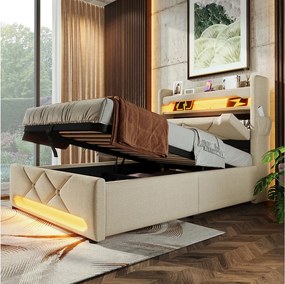 Łóżko tapicerowane pojedyncze ze schowkiem - 90 x 200 cm - 360° LED + Zagłówek z USB i Type-C - tkanina lniana - beż