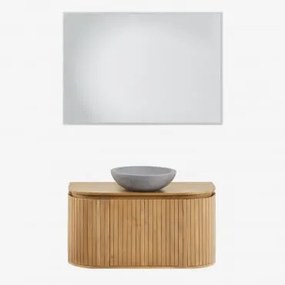 Zestaw Wiszących Mebli Łazienkowych 90x40 Cm Z Drewna Mango Analis Drewno Mango & Okrągły Szary Cement Ø40 Cm Tarsis & Prostokątna Lampa Led I Przeciw