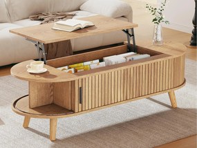 Stolik kawowy regulowany 120x50x39,5 cm - 2 drzwi - Ukryte schowki - Nogi z litego drewna - Naturalny