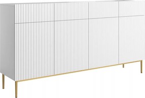 Komoda czterodrzwiowa Nicole 200 cm z szufladami z ryflowanym frontem - biały mat / złote nóżki
