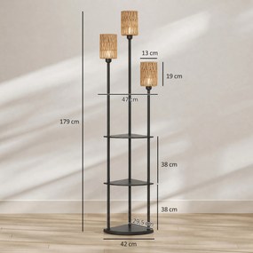 HOMCOM Lampa stojąca Boho 3-płomienna, 3 półki, klosz z papierowego sznura, czarna | Aosom PL