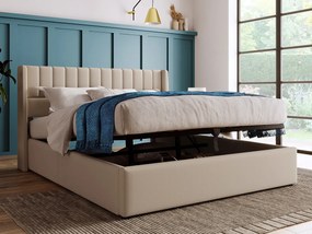 Łóżko ze schowkiem 140 x 200 cm - tkanina lniana - stelaż listwowy - beż