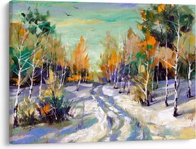 Obraz - Zaśnieżona ścieżka przez las, obraz olejny (70x50 cm)